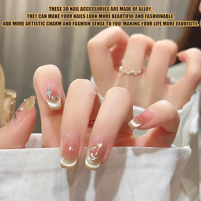 Gold Silver 3D Nail Charms, 2Boxes 24Grids Bow Star Nail Gems Nail Studs,Punk Metal Alloy Rivet Stickers Bowknot Nail Art Decorations Accessories for Nail Art Design DIY Crafts (Gold Silver F)