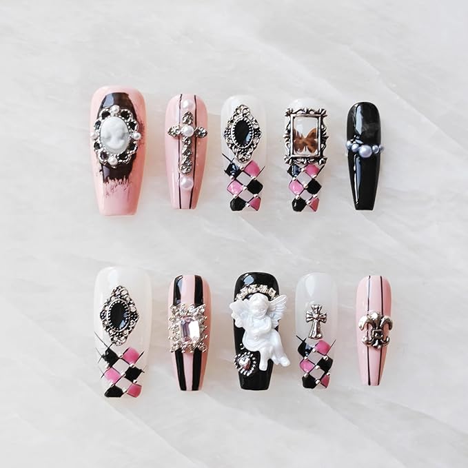 Gothic Press-on Nails, Long Coffin Shape, Pink Black White, 3D Decorative Gems and Charms, Handmade False Nail 10 Pieces (XS, LC)