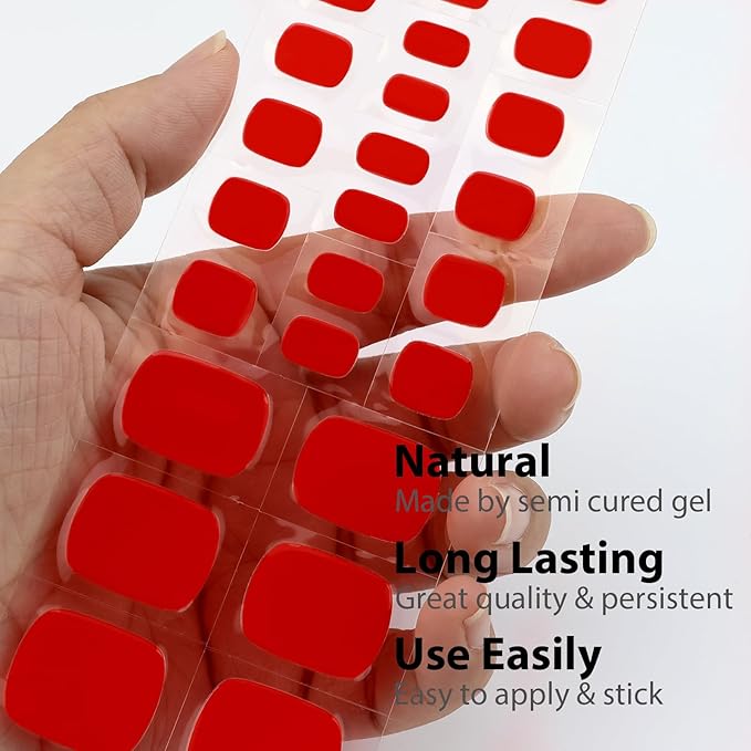 26 Pcs Semi Cured Gel Toe Nail Strips Red Solid Gel Nail Stickers Full Cover Red Nails Wraps Self Adhesive Toe Nails Polish Strips Stickers for Women UV/LED Light Required
