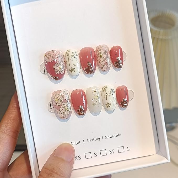 Short Oval Press on Nails,Peach Yogurt Base Glue on Nails,Hand-Painted Cloisonné Florals False Nails Press ons,Artisan Chinese Style Fake Nails Kit,Enamel Wire Inlay Nail Art Tools 10pcs(S)