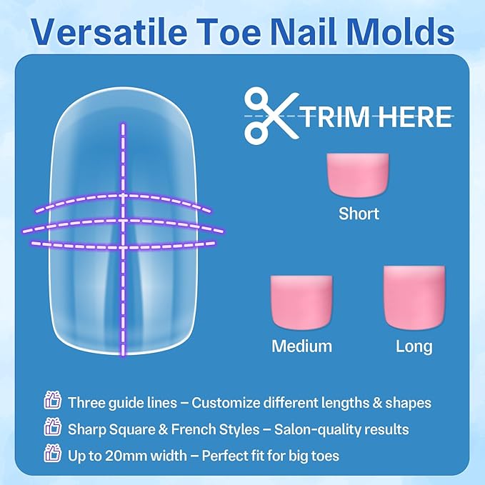 Dual Toe Nail Forms for Poly Gel Extensions, Reusable Full Cover Wide French Toenail, Press on Toenails for Women Extensions Home DIY Nail Salon 300PCS 15Sizes