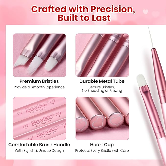 Beetles Nail Art Brushes 6pcs – Cherish Nail Art Tools Liner Brushes for Nails Dotting Tool Gradient French Manicure Design Pen with Heart Palette Brush Holder Pouch Bag, DIY Gift for Women