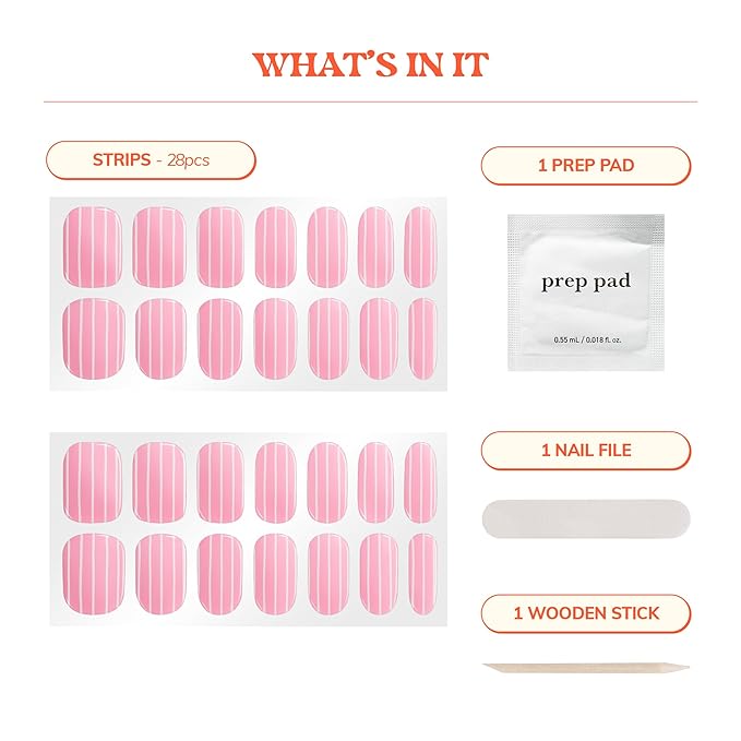 Heyhae Semi Cured Gel Nail Strips | No LED Lamp Needed |Pink, Valentines | Easy Apply & Remove, Salon Quality | Includes 28 Strips, 1 Prep Pads, Nail File & Wooden Stick - Hey, Pink Road Trip