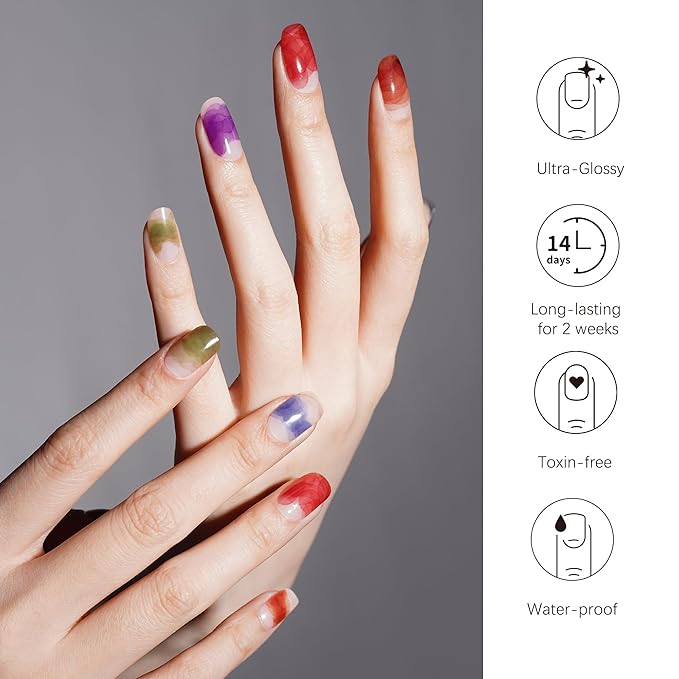 DANNI & TONI Semi Cured Gel Nail Strips Watercolor Multicolored Gel Nail Polish Stickers Red Purple Blue Green Nail Wraps 28 Stickers | Celestial Flow