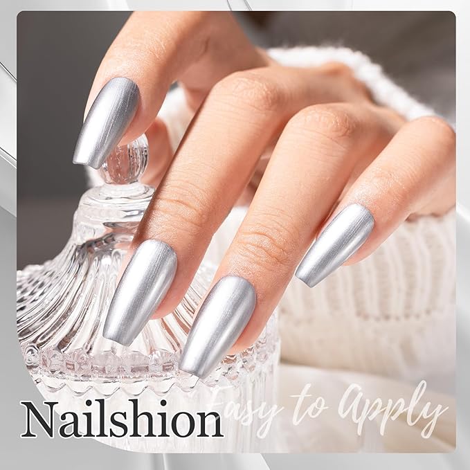 Metallic Silver Nail Polish with 3-In-1 Clear Base Top Coat Nail Strengthener Quick Dry Clear Nail Polish Duo, Opaque, Non-Gel, Vegan, Liquid Silver Glossy Chrome Nails Art
