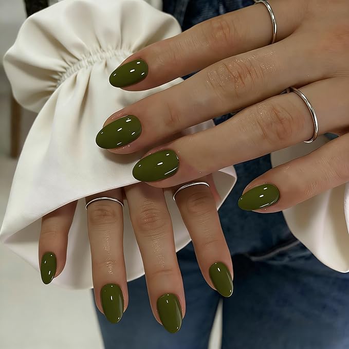 KQueenest Press On Nails Short - Olive Green Press On Nails Oval, 32 Pcs 16 Sizes Natural Short Fake Nails Press ons Almond, Reusable Opaque Glossy Gel Glue on Nail with Glue for Everyday Office Wear