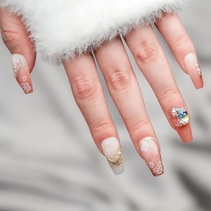Sun&Beam Nails Handmade Long Coffin Ballerina Pink Flower False Nail Tips with Cute 3D Pearl Diamond Popular Charm Design Press On Nails 10 Pcs (#62 S) (FN-HM-062-S.AU)