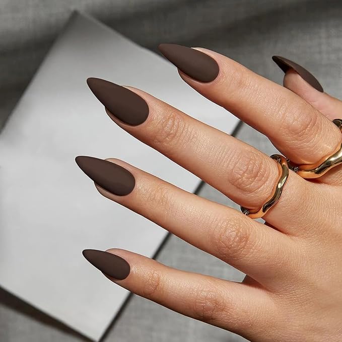 Matte Brown Press on Nails Almond Shaped 48Pcs Neutral Fake Nails for Women, Medium Almond Nails Press on Reusable Acrylic Nails Glue on Medium Length Stiletto False Nails Gel Artificial Nails