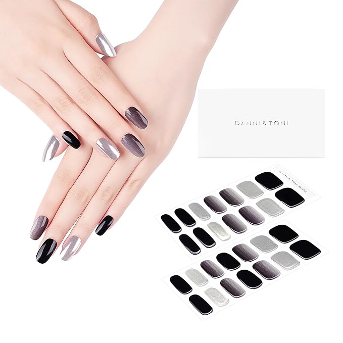 DANNI & TONI Semi Cured Gel Nail Strips Black Silver Ombre (Moon Veil) Mirror Gel Nail Wraps 28 Stickers