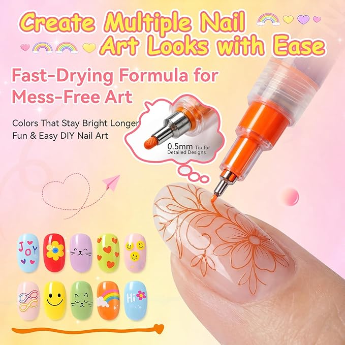 12 Colors Nail Art Pens Kit, 0.5mm Precision Nail Art Markers, Quick-Dry Waterproof Nail Polish Pens for DIY Manicure, Drawing & Creative Nail Art Designs