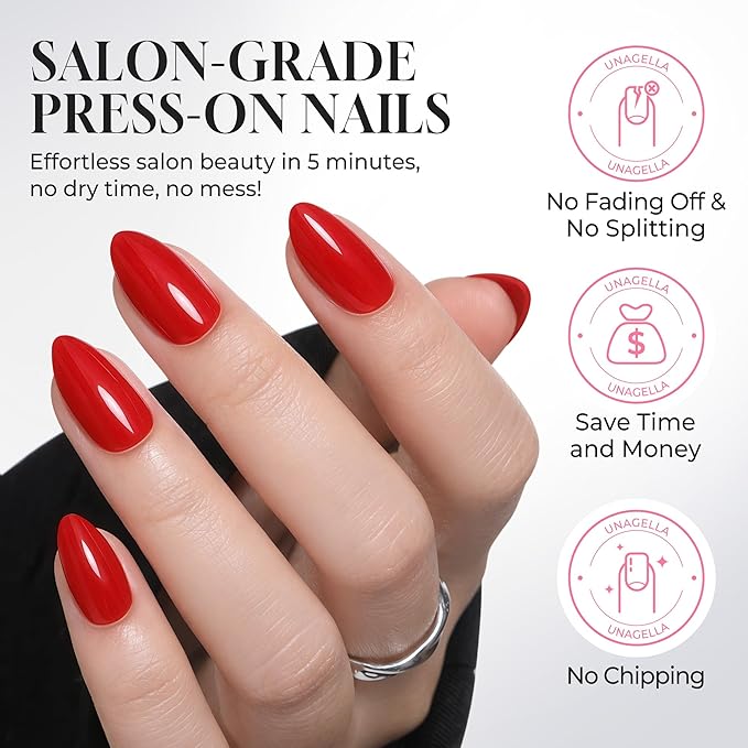 UNA GELLA 32Pcs Soft Gel Press on Nails - 16 Sizes Classic Red Almond Glue on Nails, Reusable Glossy Solid Red False Nails, Full Cover Acrylic Nail Kit for Women DIY Home Manicure