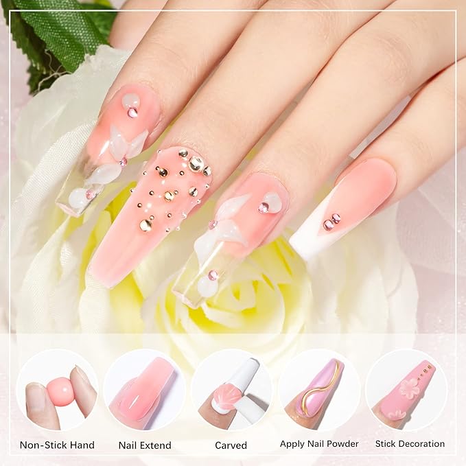 Solid Builder Gel for Nail Extension Clear Nude Non-Stick Hand Sculpture Hard Gel with Dual Form Flower Nail Strengthen Nails Art for Home DIY Nails Salon Lamp Cure Require 2 Colors 14g