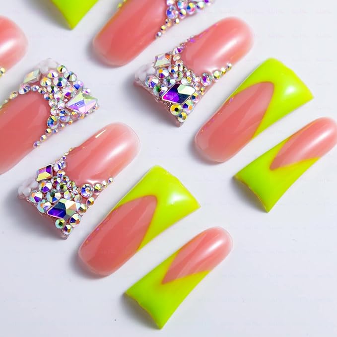 10 Pieces Luxury Acrylic Press On Nails Long Handmade Duck Nails, Green Thickened False French Nails, With Bling Rhinestones And Y2K Princess Vibes, Reusable Acrylic Nails (L)