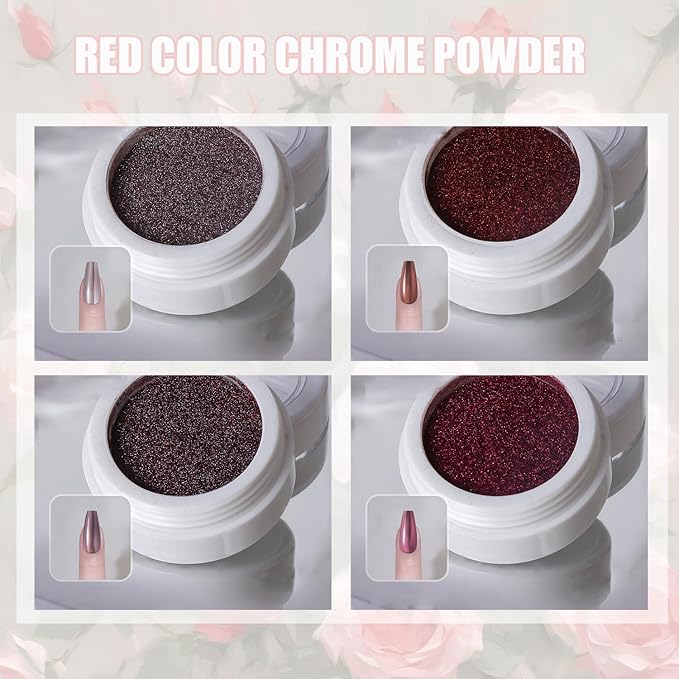 4 Boxes Red Chrome Nail Powder Mirror Effect Metalic Powder Pigments for Nails, Deepred, Pink，Rose Red Mirror Metallic Powder for Nails