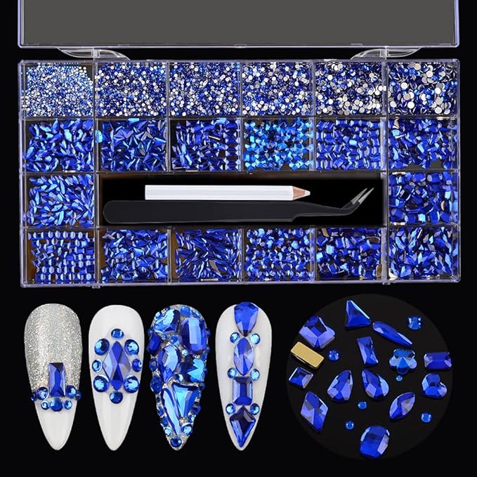 Nail Rhinestones Kit - 8620Pcs/Box Multi Shapes Rhinestones Glass Crystal Diamond Flatback Professional Nail Art Decorations DIY Nail Art Craft with Rhinestones Picker,Dark Blue