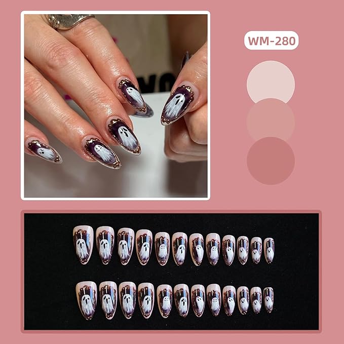 Halloween Almond Press on Nails, Glossy False Nail, Reusable Fake Nail with Magic Mirror Ghost Design, Full Cover Acrylic Nails Halloween Stick on Nails for Women DIY Manicure 24 Pcs