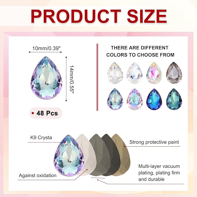 MECCANIXITY 48 Pcs 3D Teardrop Rhinestones Diamond Nail Charm Crystal Pointback K9 Glass Rhinestones Crystal Gems for Jewelry Making, Craft, 10x14mm, AB Dark Blue