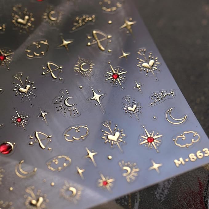 5D Embossed Nail Stickers Gold Star Nail Art Stickers Heart Nail Decals Self-Adhesive Nail Art for Women Moon Sun Nail Manicure Decoration