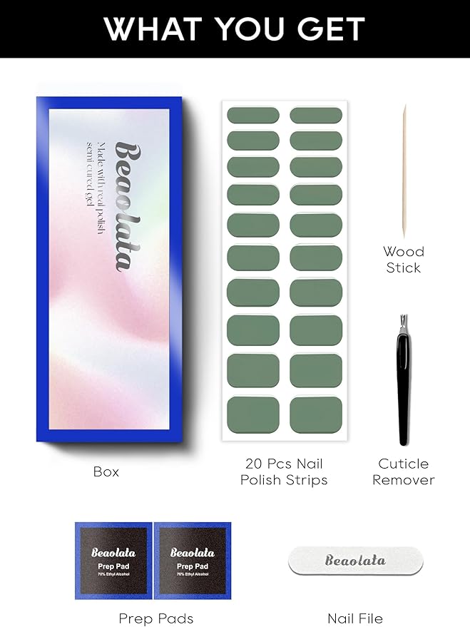 Semi Cured Gel Nail Strips - UV Light Gel Nail Stickers - 20 Long Lasting Salon Quality Wraps (Sage Green)