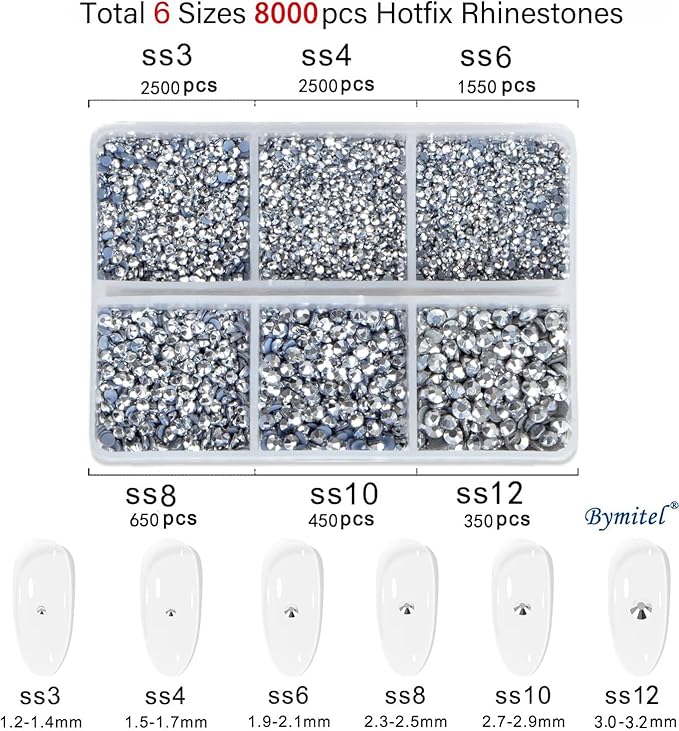 Bymitel Hotfix Crystal Rhinestones Round Gems for Crafts,Mixed 6 Sizes with Wax Pencil Kit, Labrdor1.3-3.2mm(SS3-SS12/8000pcs)