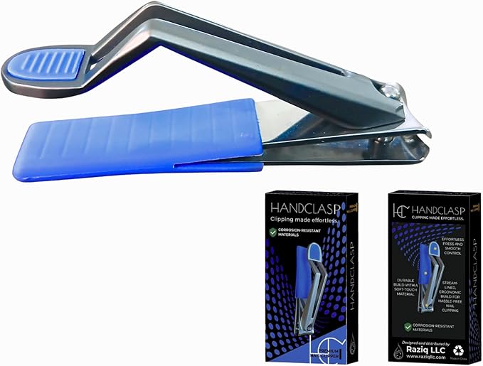 Nail Clippers, Stylish, Comfortable for Seniors, Fingernails, Premium Stainless Steel, Curved Edge, Wide Jaw, Ergonomic, Thumb Rest, Comfort Cuts, Women, Men, Teens, Special Needs, (Blue)