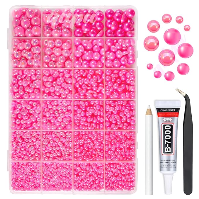 2 Styles Solid Hot Pink+ Rose Pink AB Flatback Pearls for Bedazzling Crafting 3mm-10mm Half Round Pearls Beads Gems Bedazzler Kit for Nails Face Eyes Makeup Tumblers Bottles DIY Crafts Shoes﻿