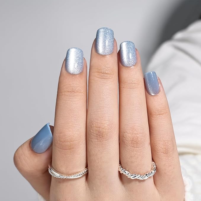 Press On Nails, Short Square Blue Press on Nails Arctic Glazed Nails Press Ons for Women DIY Fake Nails Kit with Glue, Glossy Reusable Glue on Nails Short in 15 Sizes - 30pcs, Arctic Glaze