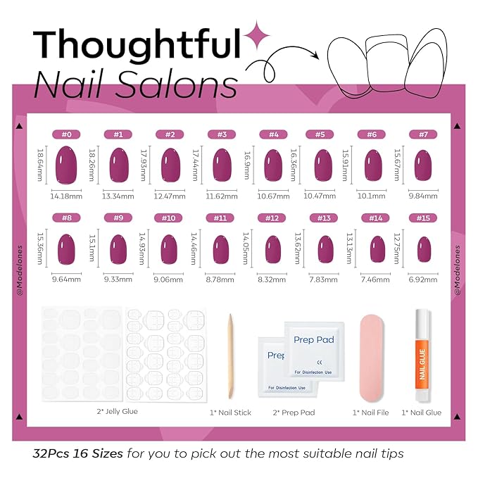modelones Plum Short Press on Nails, Oval Fake Nails Kit Press Ons with Nail Glue, Adhesive Tabs, Nail File, Prep Pad, Manicure Stick, 32Pcs 16 Sizes, Spring Women Girl Gift