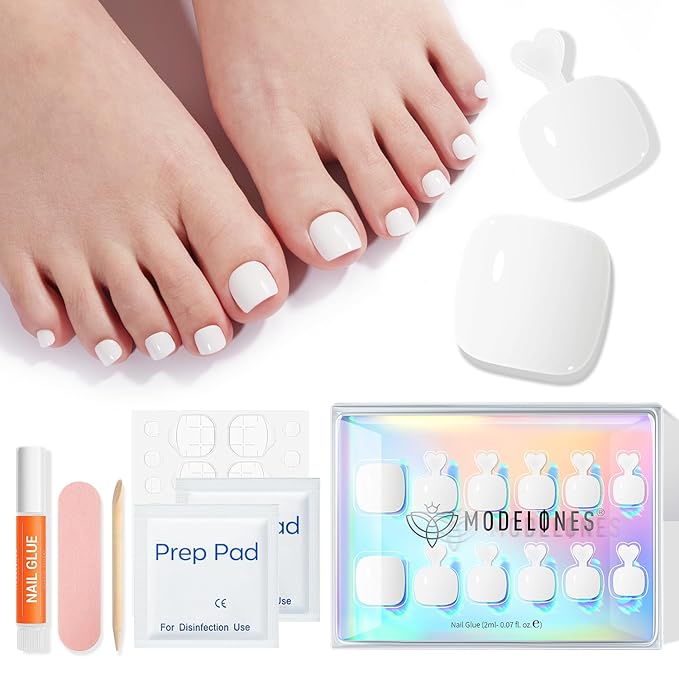 Modelones Press on Toenails Short, White Toe Press on Nails Square, Reusable Nail Kit with Nail Glue Adhesive Tabs Mini Nail File, Toe Nails 36Pcs 18Sizes, Spring Women Girl Gift
