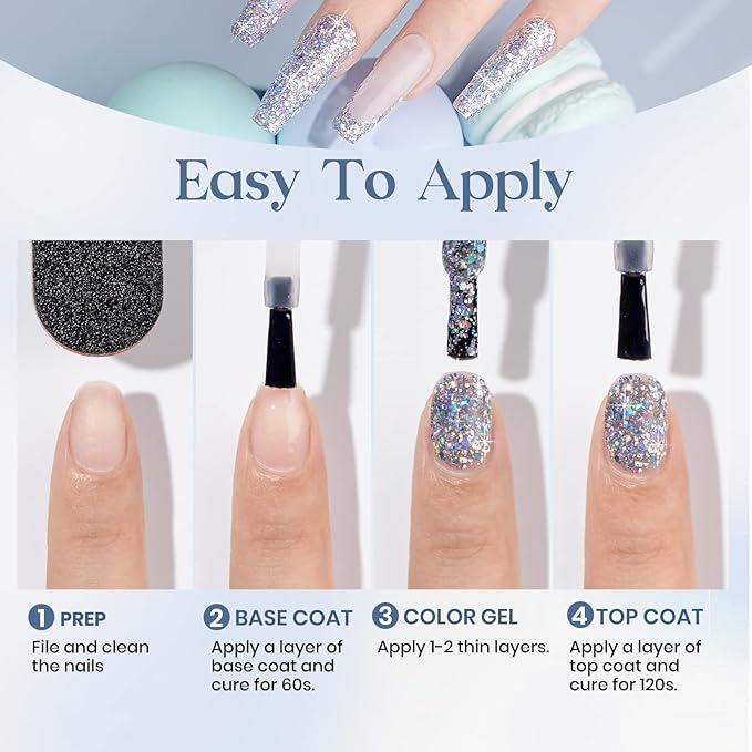 MIZHSE Silver Glitter Gel Polish, Sparkly Shiny Diamond Shimmer Soak off UV LED Gel Nail Polish for Nail Art Salon Home DIY Manicure 10ml