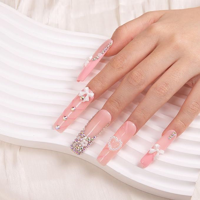 LOVFUL Press on Nails Vintage Shortcake| Handmade with Full Covered Crystals| Reusable Fake Nails| Square Mid length 1.7in| H187-S