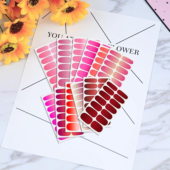 WOKOTO 12 Sheets Red Pink Gradient Nail Stickers Full Nail Wraps For Women, Solid Ombre Design Nail Gel Stickers For Nails Polish Strips With Nail File Kit, Gel Nail Strips Press On Nails Polish Wraps