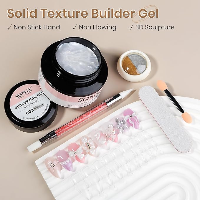 3D Sculpting Gel for Nail Art, 60g Large Capacity Pearl White Hard Solid Builder Gel for Nails Art Non-Sticky Hand for Carving Extension with Chrome Powder Home DIY Manicure