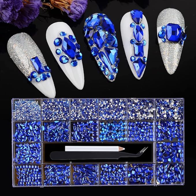 Nail Rhinestones Kit - 8620Pcs/Box Multi Shapes Rhinestones Glass Crystal Diamond Flatback Professional Nail Art Decorations DIY Nail Art Craft with Rhinestones Picker,Dark Blue
