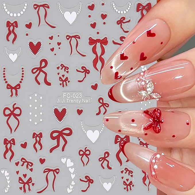 8 Sheets Cute Bow Heart Nail Art Stickers 3D Self-Adhesive Valentines Nail Stickers Laser Red White Heart Bows Nail Decals French Tip Nails Supplies for Women DIY Acrylic Nails Decorations