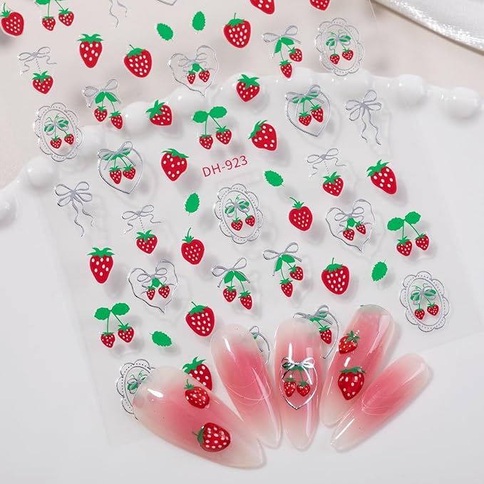 4 Sheets Cherry Strawberry Nail Stickers 5D Embossed Nail Art Stickers Summer Nail Decals with Cute Fruit Bow Designs Sweet DIY Self-Adhesive Nails Art Supplies for Women Girls