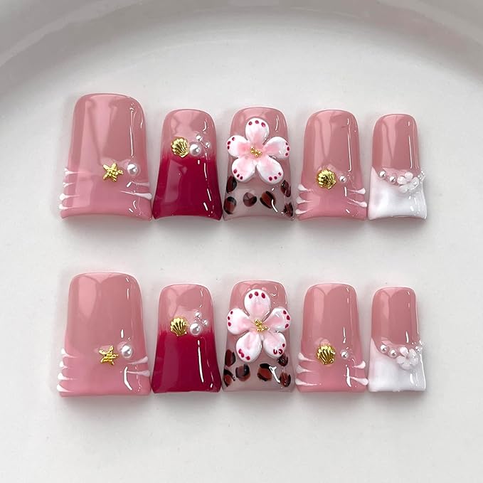 French Tip Press on Nails Handmade Short Duck 3D Flower Thick Acrylic Nails Cute Pink False Nails with Stars Leopard Print Shell Designs Beachy Glossy Fake Nail Sturdy Art Press on Nail 10Pcs(M)