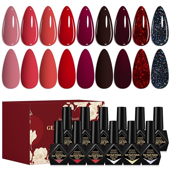 Red Series Gel Nail Polish Set 9 Colors Dark Burgundy Wine Red Colors Bloody Mary Collection Popular Shimmer Glitter Nail Gel Nail Art Design Manicure DIY Salon and Home