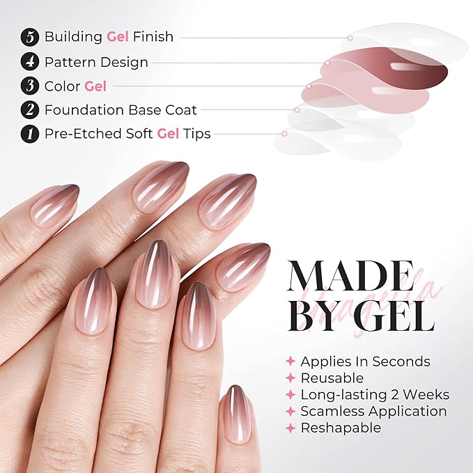 UNA GELLA 32Pcs Soft Gel Press on Nails - 16 Sizes Brown Ombre Chrome Almond Glue on Nails, Reusable Metallic Gradient Short Almond False Nails, Full Cover Acrylic Nail Kit for Women DIY Home Manicure