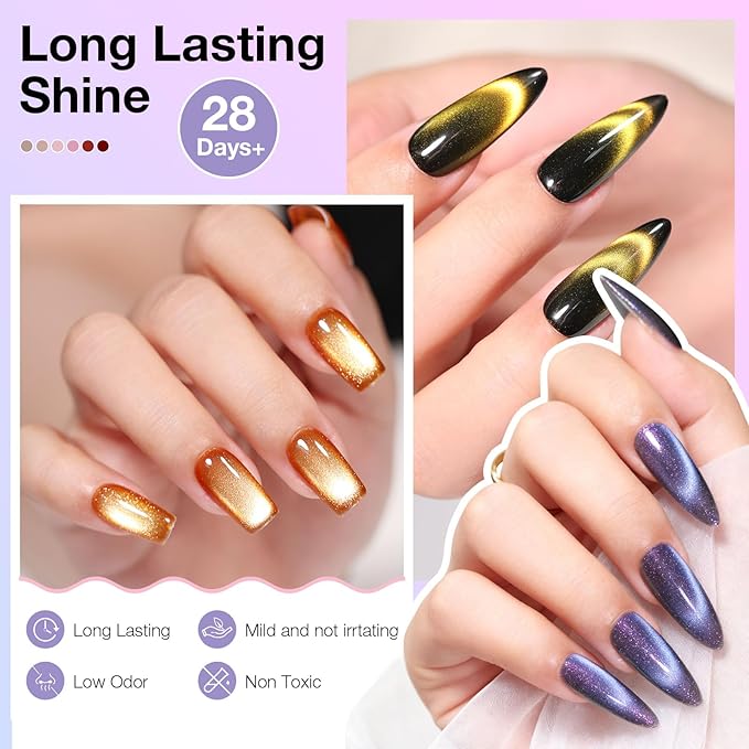 Cat Eye Gel Nail Polish Set, 6 Colors 12ML - 9D Glassy Holographic Glitter, Magnetic Nail Art Kit with Magnet, Soak Off UV LED Gel for DIY Home Salon Manicure Gift for Women