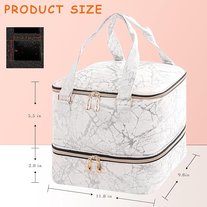Nail Polish Organizer, Double Layer Nail Polish Storage Bag Carrying Case Holds 42 Bottles with Nail Dryer Lamp Portable Manicure kit supplies Organizer （White）