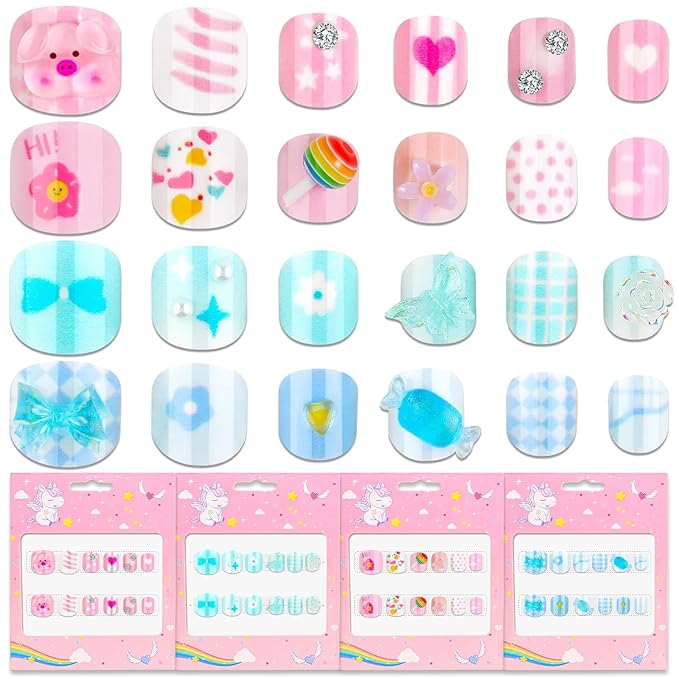 Extra Small Press on Nails for Little Girls, Thrilez Mini Fake Nails Kids Stick On Nail Tips Short Cute Acrylic Nails for Girls 7-10 Gifts