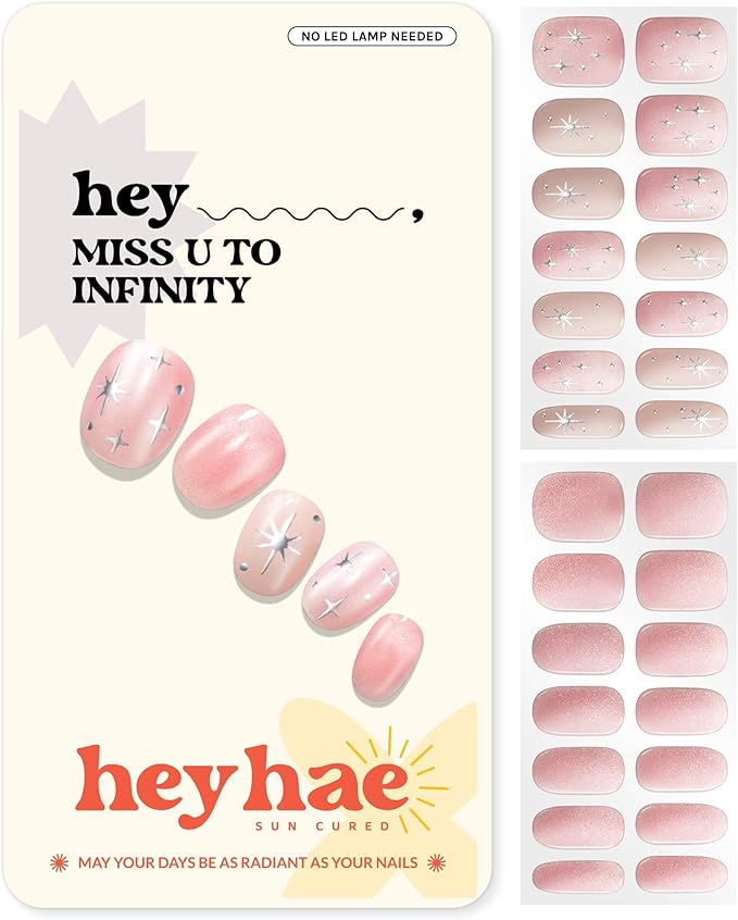 Heyhae Semi Cured Gel Nail Strips | No LED Lamp Needed | Glitter, Pink, Spring | Easy Apply & Remove, Salon Quality |Includes 28 Strips, 1 Prep Pads, Nail File & Wooden stick - Hey, Miss u to Infinity