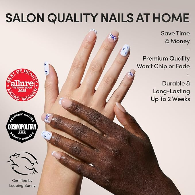 Valentines Day Glamnetic Press On Nails - Blue A Kiss | Short Squoval Fake Nails With Mixed Sheer & Solid Designs, Micro Blueberry and Scalloped Lace Accents | 15 Sizes - 30 Nail Kit with Glue