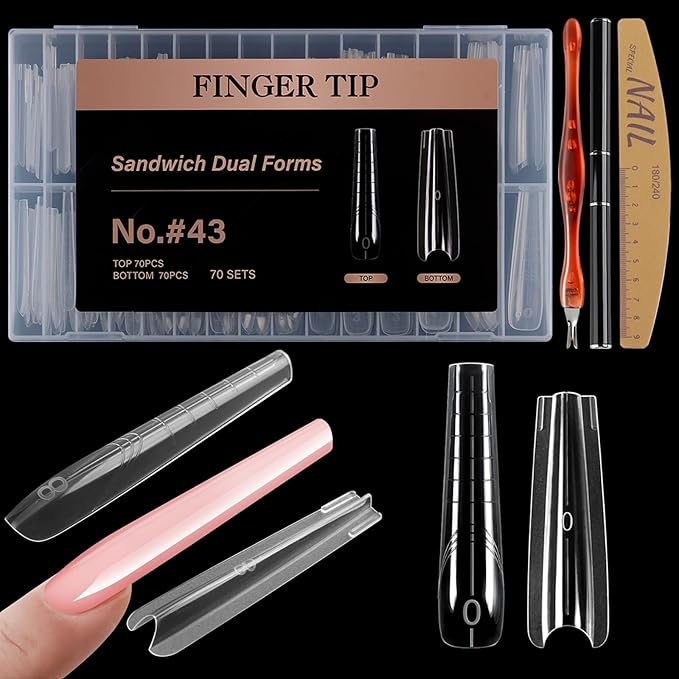 140Pcs Long Coffin Sandwich Nail Forms Kit for Beginners Professional, 70 Pairs Dual Form Nail Molds for Poly Builder Gel Quick Extension, No Paper Forms Needed