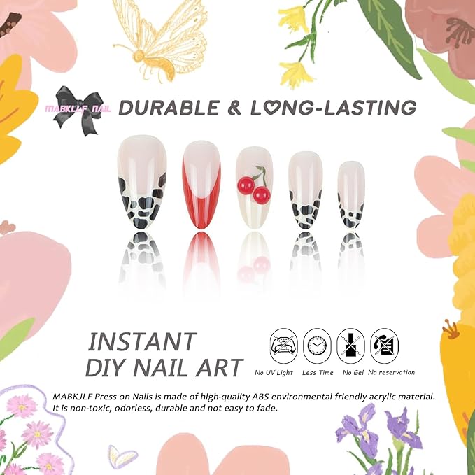 French Tip Press on Nails Medium Almond MABKJLF Cute Fake Nails Fruit False Nails with Designs Cherry Charms Leopard Print Glossy Glue on Nails Acrylic Nails Stick on Nails for Women Girls 24Pcs
