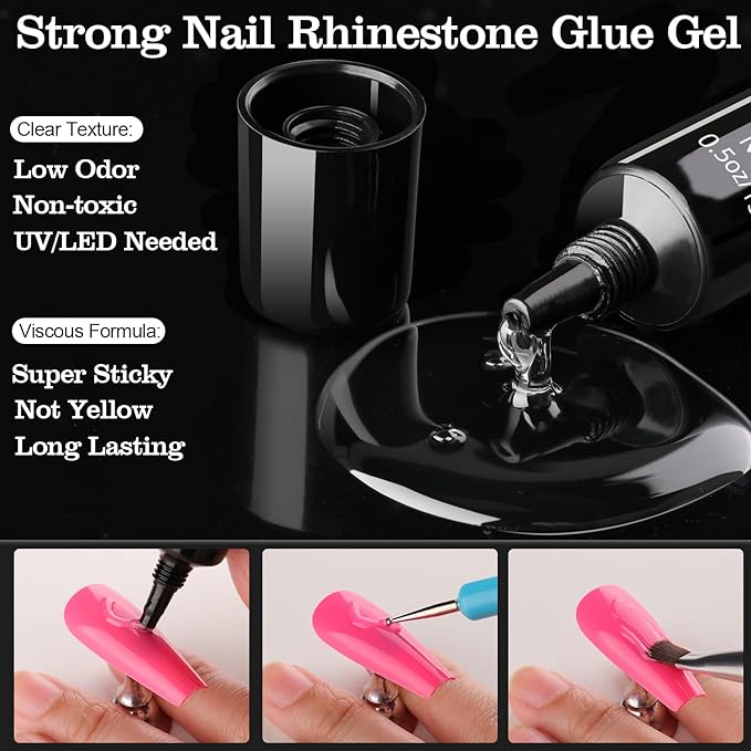 Rhinestones for Nails, Manicure Kit with Nail Rhinestone Glue Gel, Multi Shapes Dark Green Glass 3D Nail Charms + Flatback 2-5mm Round Beads & Gem Glue for Nails (UV/LED Needed) with Dotting Tools