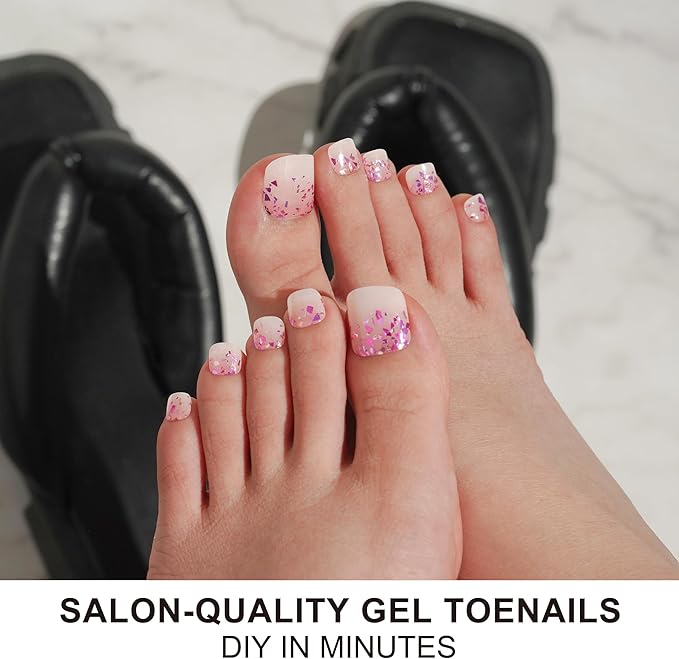 DANNI & TONI Semi Cured Gel Toenail Strips Rose Red Sparkles (Scarlet Gleam) Translucent Toenail Stickers Reverse French Gel Pedi Wraps 37 Stickers