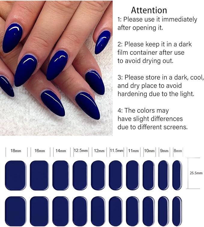 Semi Cured Gel Nail Strips, Dark Blue 20pcs Adhesive UV Sticker, Wraps for Home Manicure DIY