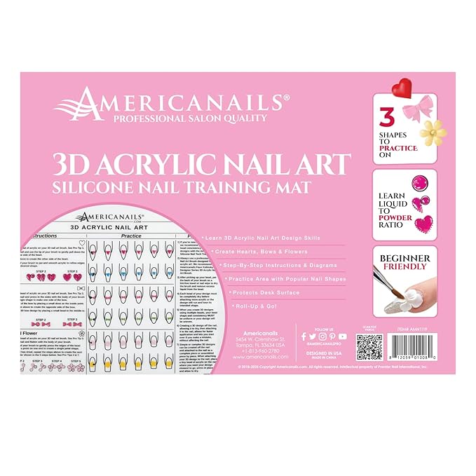 Americanails 3D Acrylic Nail Art Training Mat - Silicone Trainer Sheet for 3D Acrylic Nail Art Design - Step-by-Step Instructions & Diagrams - Create Hearts, Bows & Flowers - Protects Desk Surface